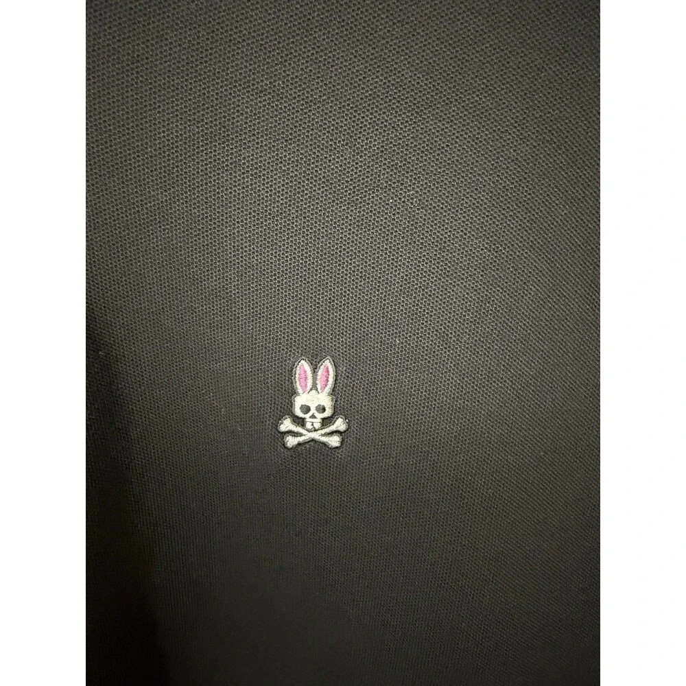 Psycho Bunny Men's Solid Black Short Sleeve Collared Button Polo Shirt L